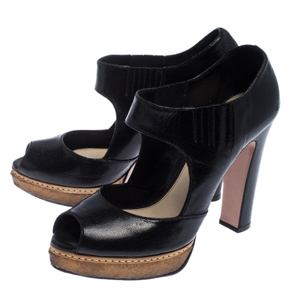 Prada Black Peep Toe Crackle Brush Leather Platform High Heel Sandals- 41